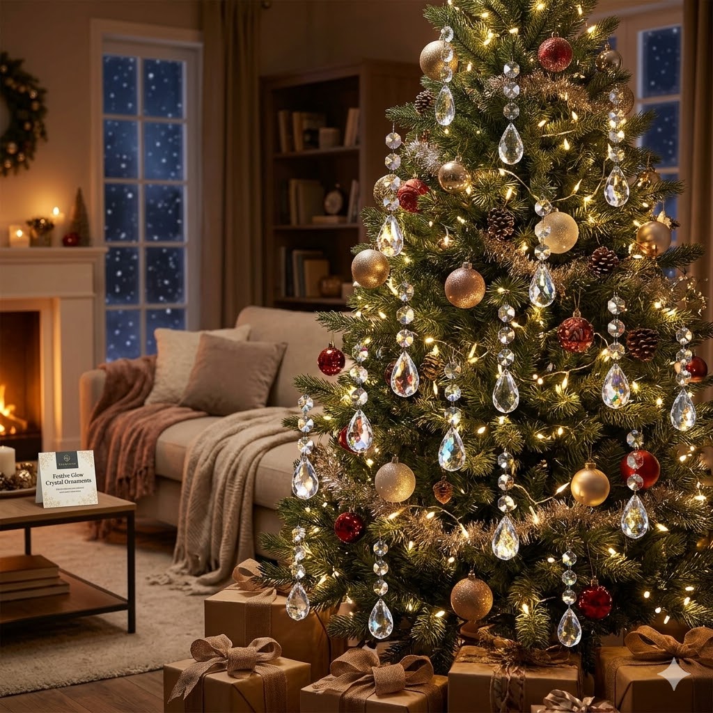 HOHIYA 30 Pcs Crystal Christmas Tree Ornaments Clear Acrylic Hanging Prisms and Garland Beads Sparkle Holiday Decoration for Wedding Centerpieces Party Chandelier and Home Decor